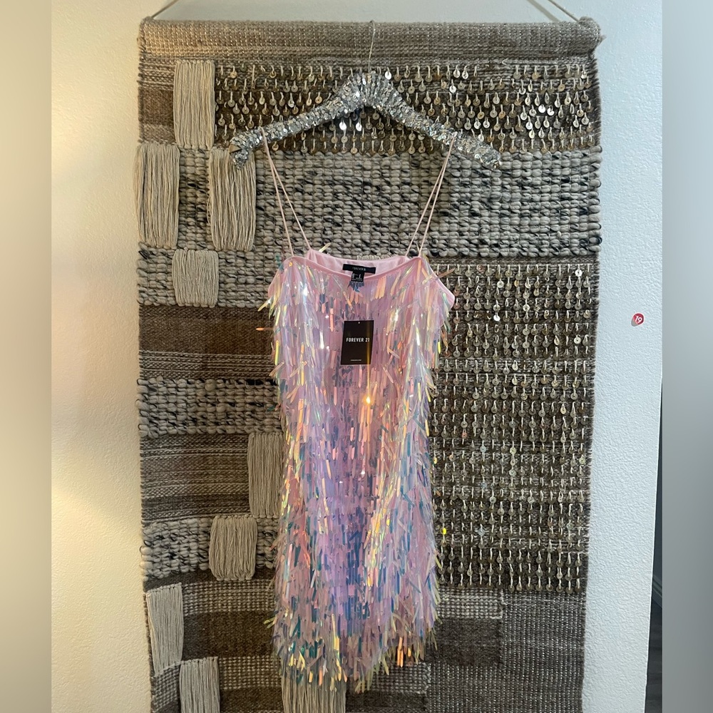π NWT Forever 21 rainbow hologram AB crystal pink sequin mini dress sz S - Picture 5 of 10